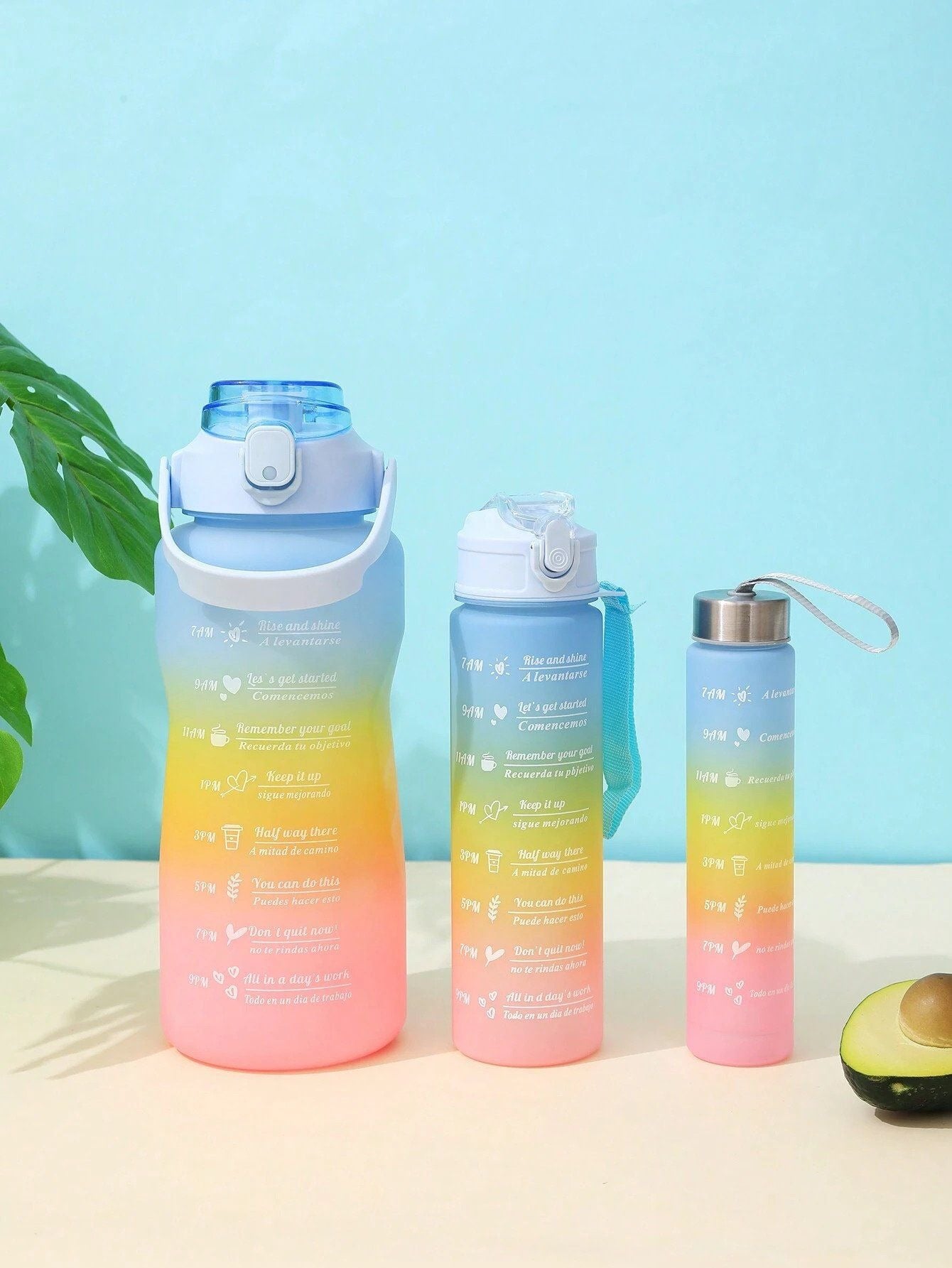 3 Motivational Water Bottle,Leak Proof Time Stamp Drinking Water Bottle Dual Lock With Straw