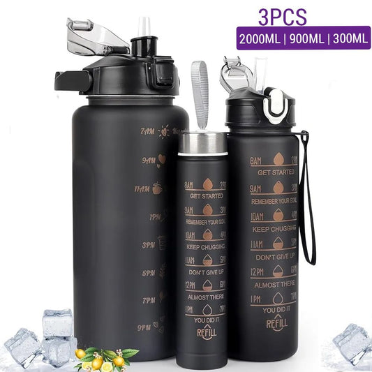 3 Motivational Water Bottle,Leak Proof Time Stamp Drinking Water Bottle Dual Lock With Straw