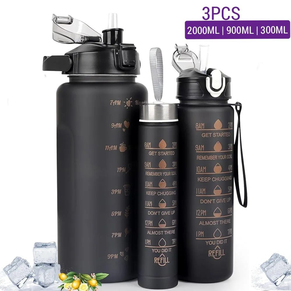 3 Motivational Water Bottle,Leak Proof Time Stamp Drinking Water Bottle Dual Lock With Straw